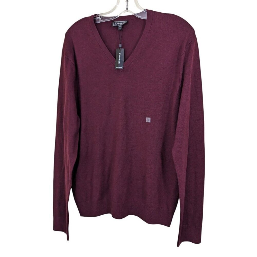 Express Extra Fine Merino Wool NEW V Neck Sweater Mens L Burgundy Pullover Knit
